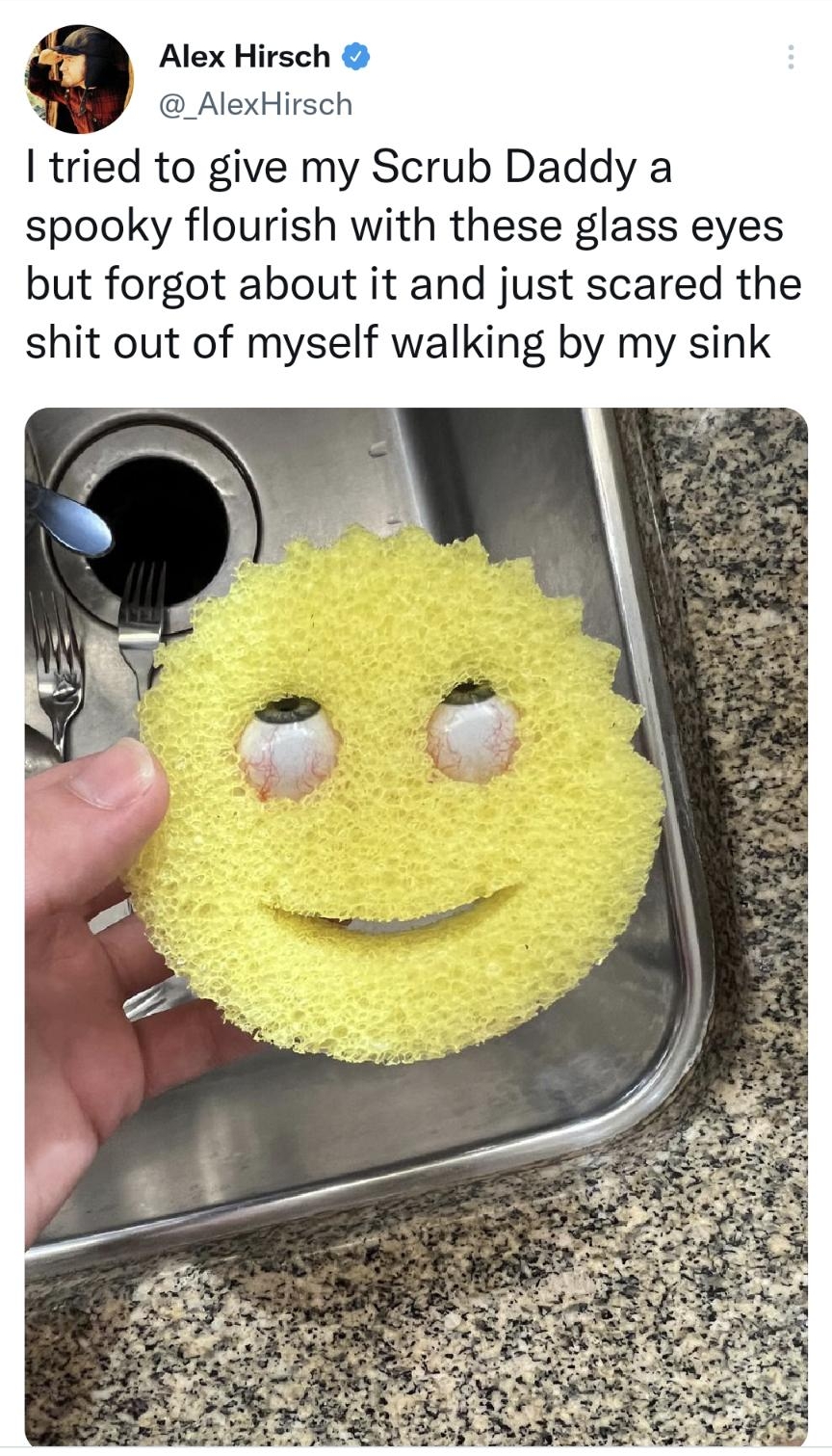 Thread Alex Hirsch k _AlexHirsch tried to give my Scrub Daddy a spooky flourish with these glass eyes but forgot about it and just scared the shit out of myself walking by my sink Tweet your reply
