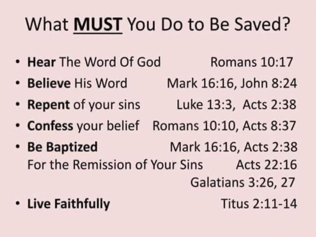 What MUST You Do to Be Saved? Hear The Word Of God Romans 10:17 Believe His Word Mark 16:16, John 8:24 Repent of your sins Luke 13:3, Acts 2:38 Confess your belief Romans 10:10, Acts 8:37 Be Baptized Mark 16:16, Acts 2:38 For the Remission of Your Sins Acts 22:16 Galatians 3:26, 27 Live Faithfully Titus 2:11-14