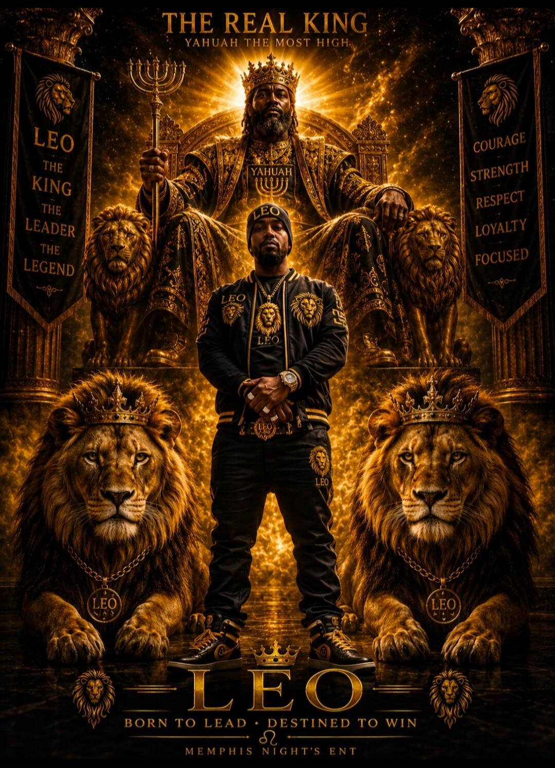 THE REAL KING YAHUAH THE MOST HIGH. LEO THE KING THE LEADER THE LEGEND. YAHUAH. LEO. COURAGE STRENGTH RESPECT LOYALTY FOCUSED. LEO BORN TO LEAD DESTINED TO WIN MEMPHIS NIGHT'S ENT.
