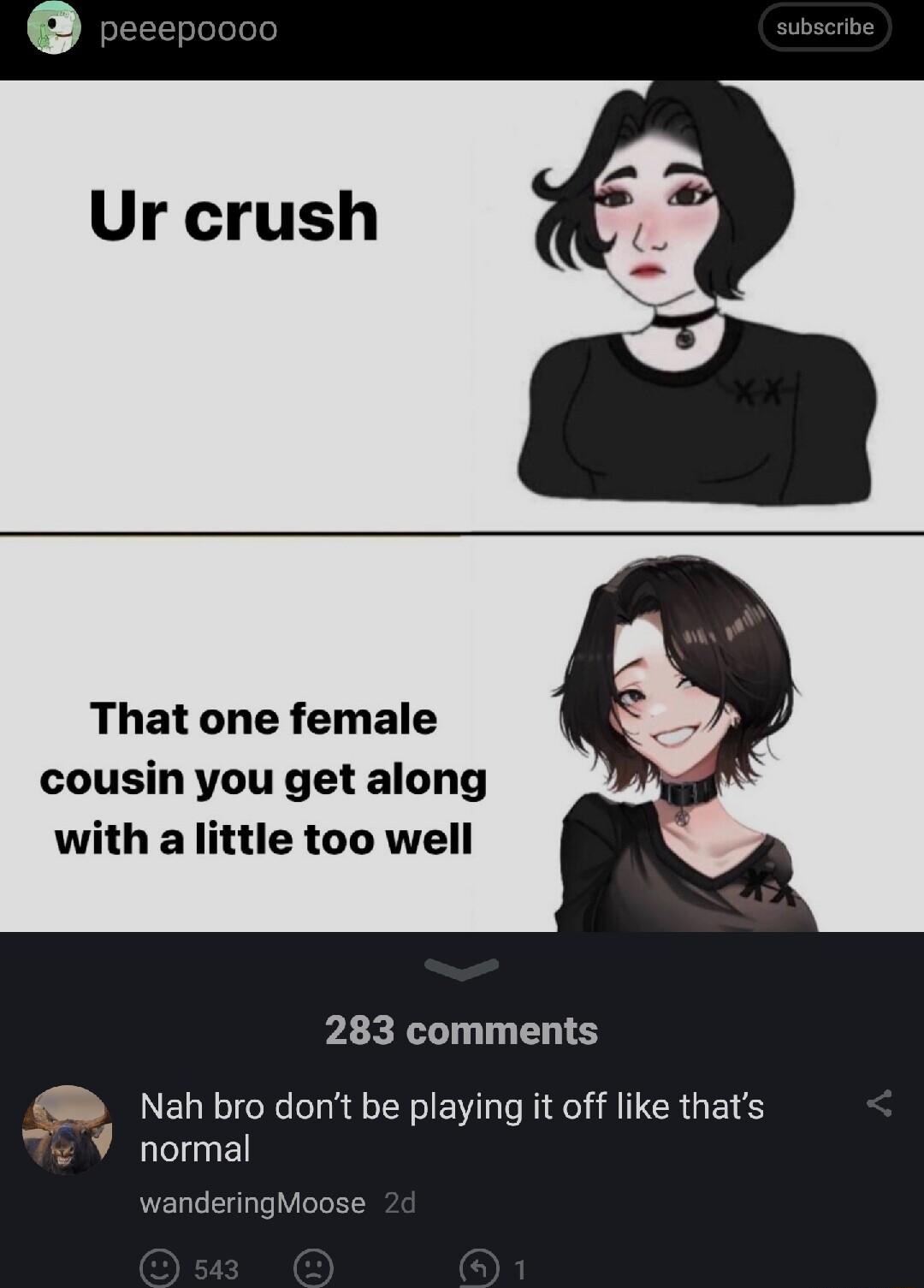 That one female cousin you get along with a little too well 283 comments B Nah bro dont be playing it off like thats normal