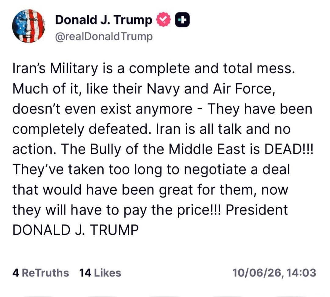 Iran's Military is a complete and total mess. Much of it, like their Navy and Air Force, doesn't even exist anymore - They have been completely defeated. Iran is all talk and no action. The Bully of the Middle East is DEAD!!! They've taken too long to negotiate a deal that would have been great for them, now they will have to pay the price!!! Presi