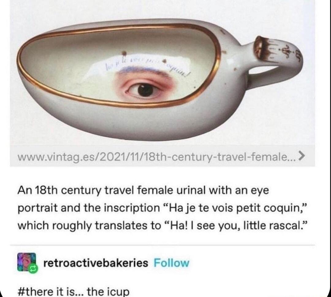 wwwvintages20211118th century travel female An 18th century travel female urinal with an eye portrait and the inscription Ha je te vois petit coquin which roughly translates to Hal see you little rascal retroactivebakeries Follow there it the icup