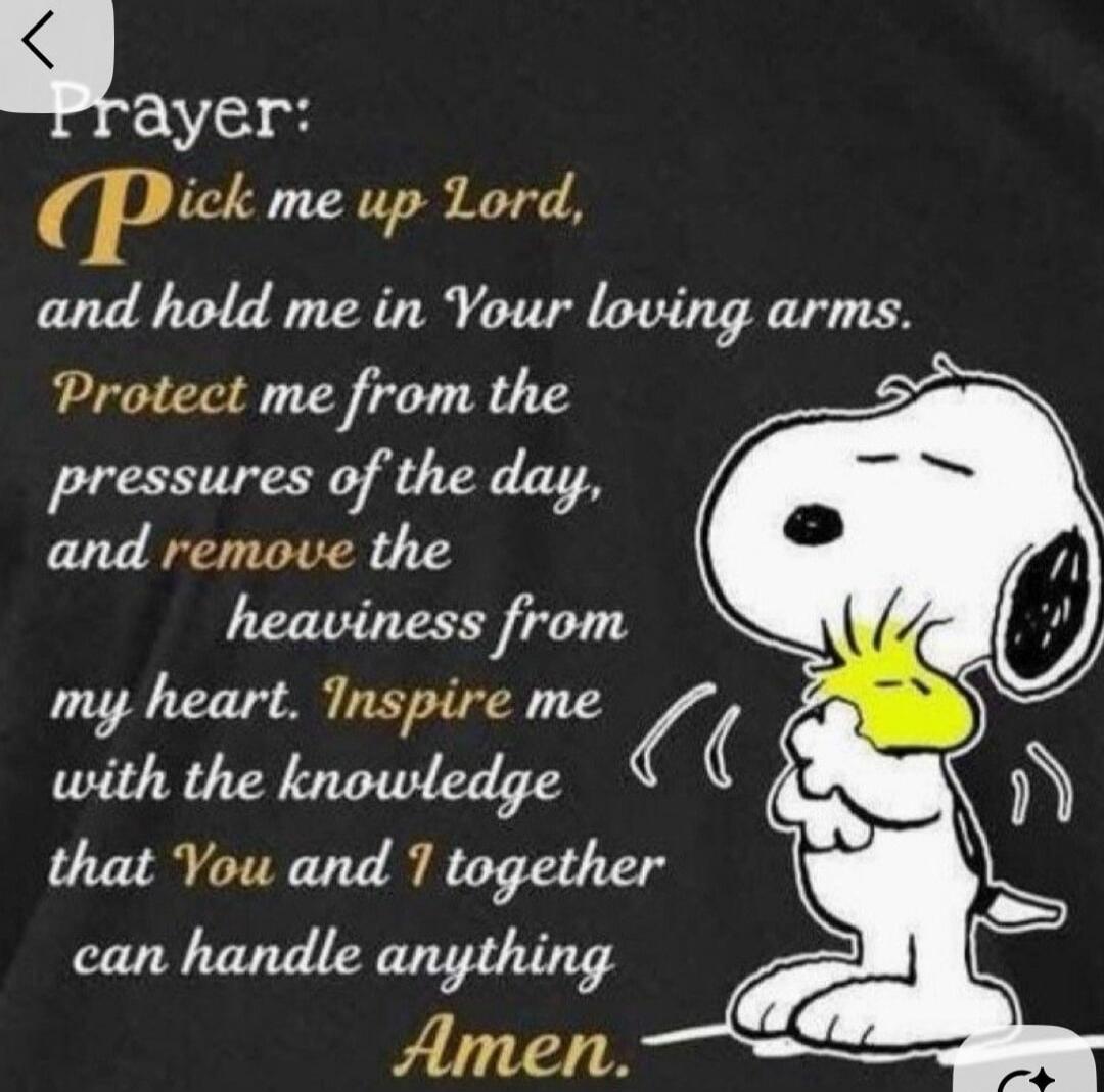 Prayer: Pick me up Lord, and hold me in Your loving arms. Protect me from the pressures of the day, and remove the heaviness from my heart. Inspire me with the knowledge that You and I together can handle anything. Amen.