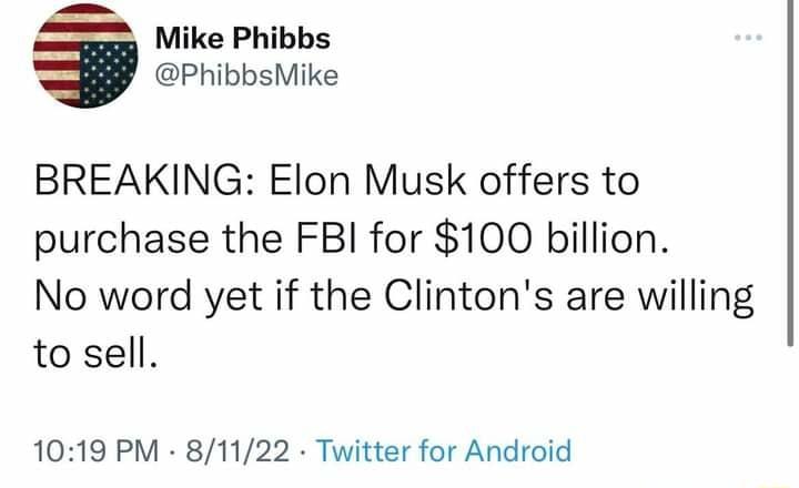 Mike Phibbs PhibbsMike BREAKING Elon Musk offers to purchase the FBI for 100 billion No word yet if the Clintons are willing to sell 1019 PM 81122 Twitter for Android