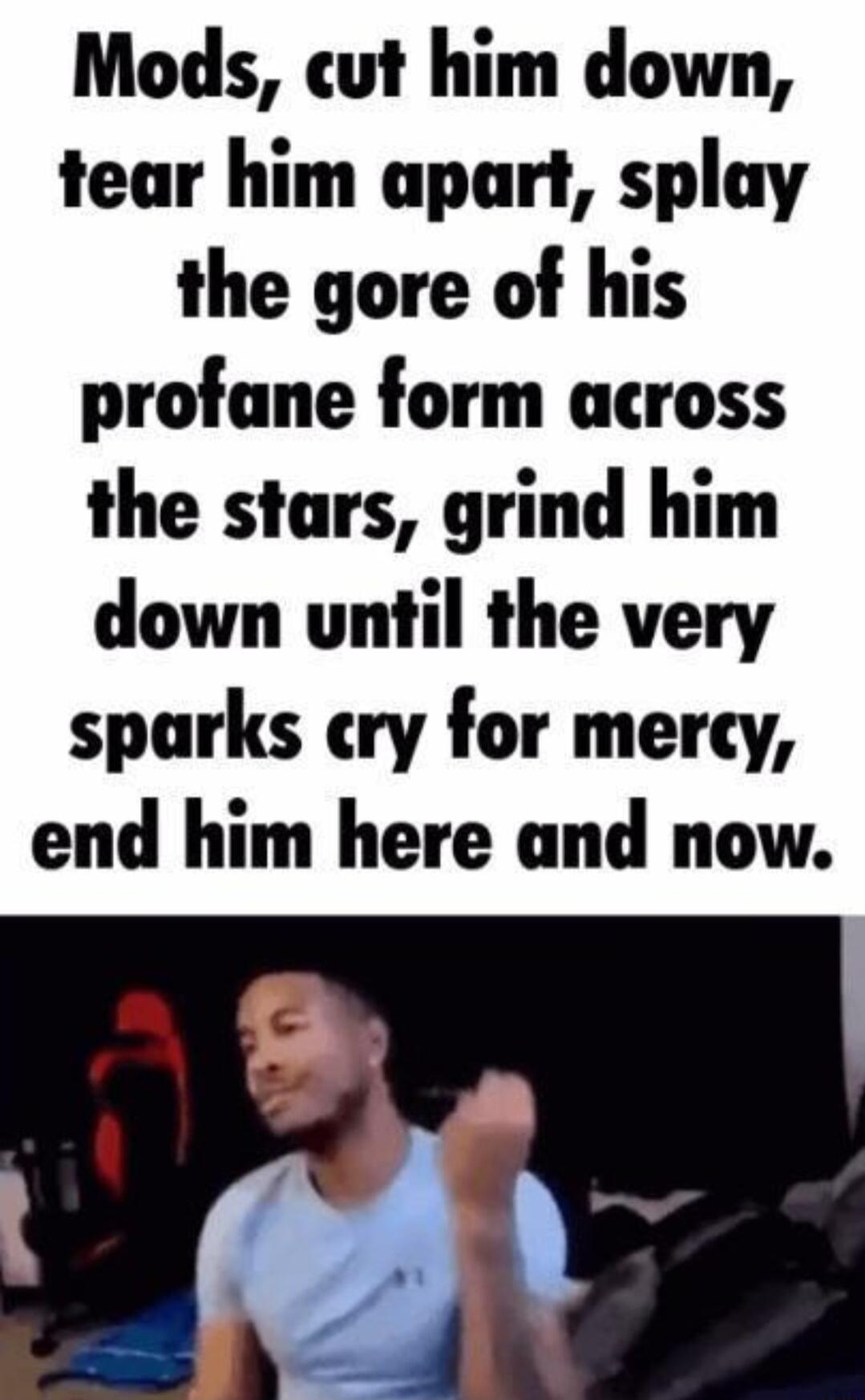 Mods cut him down tear him apart splay the gore of his profane form across the stars grind him down until the very sparks cry for mercy end him here and now