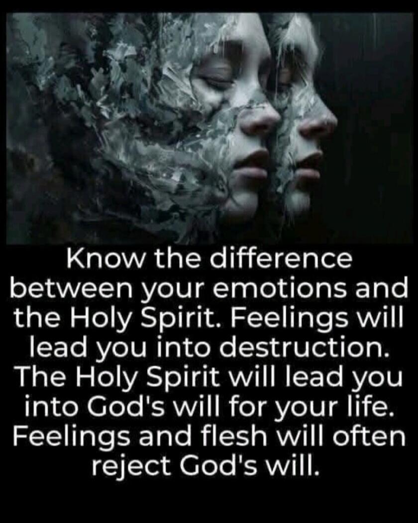 Know the difference between your emotions and the Holy Spirit. Feelings will lead you into destruction. The Holy Spirit will lead you into God's will for your life. Feelings and flesh will often reject God's will.