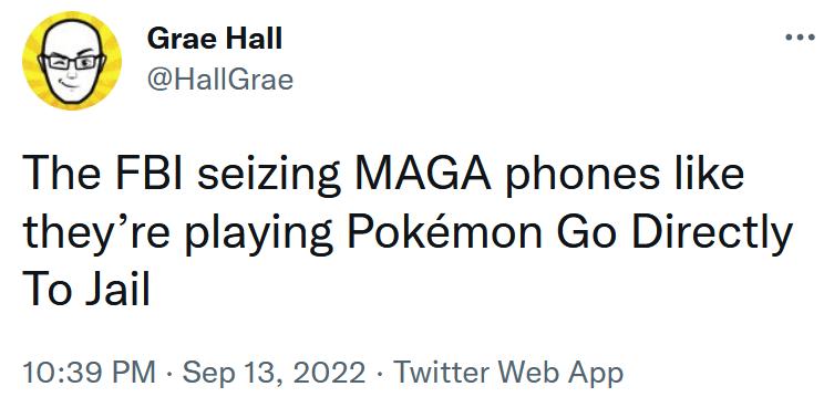 Grae Hall HallGrae The FBI seizing MAGA phones like theyre playing Pokmon Go Directly To Jail 1039 PM Sep 13 2022 Twitter Web App
