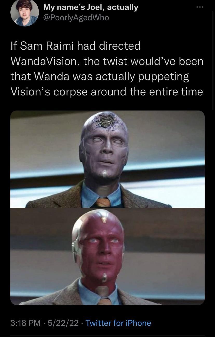 My names Joel actually ISl oTqZANLTe VIV To IISETINRETNTNElo NollgTeieTe METale VIS Toa MRt o ISR AW S WVe MYSH oI1Ta that Wanda was actually puppeting Visions corpse around the entire time 318 PM 52222 Twitter for iPhone