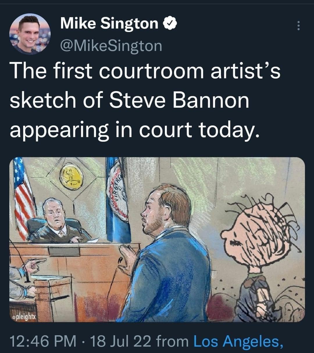 Mike Sington MikeSington The first courtroom artists sketch of Steve Bannon Yoo IETglaT T g WelolUl g i ol YA 1246 PM 18 Jul 22 from