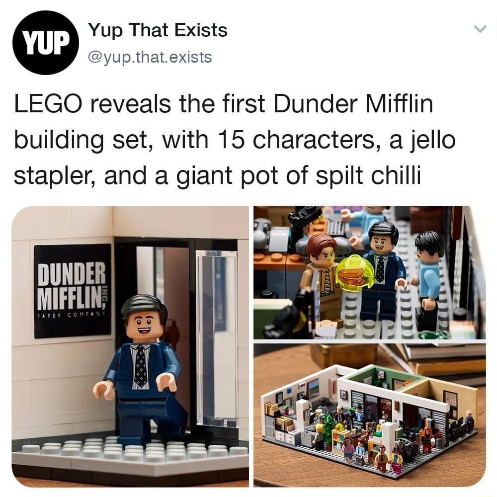 Yup That Exists yupthat exists LEGO reveals the first Dunder Mifflin building set with 15 characters a jello stapler and a giant pot of spilt chilli