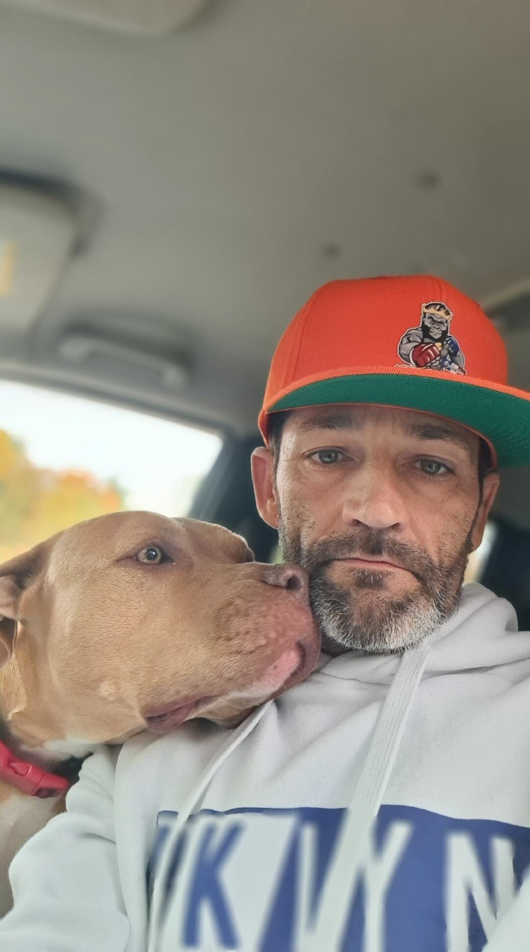A man in an orange cap sits in a car while a dog licks his face.