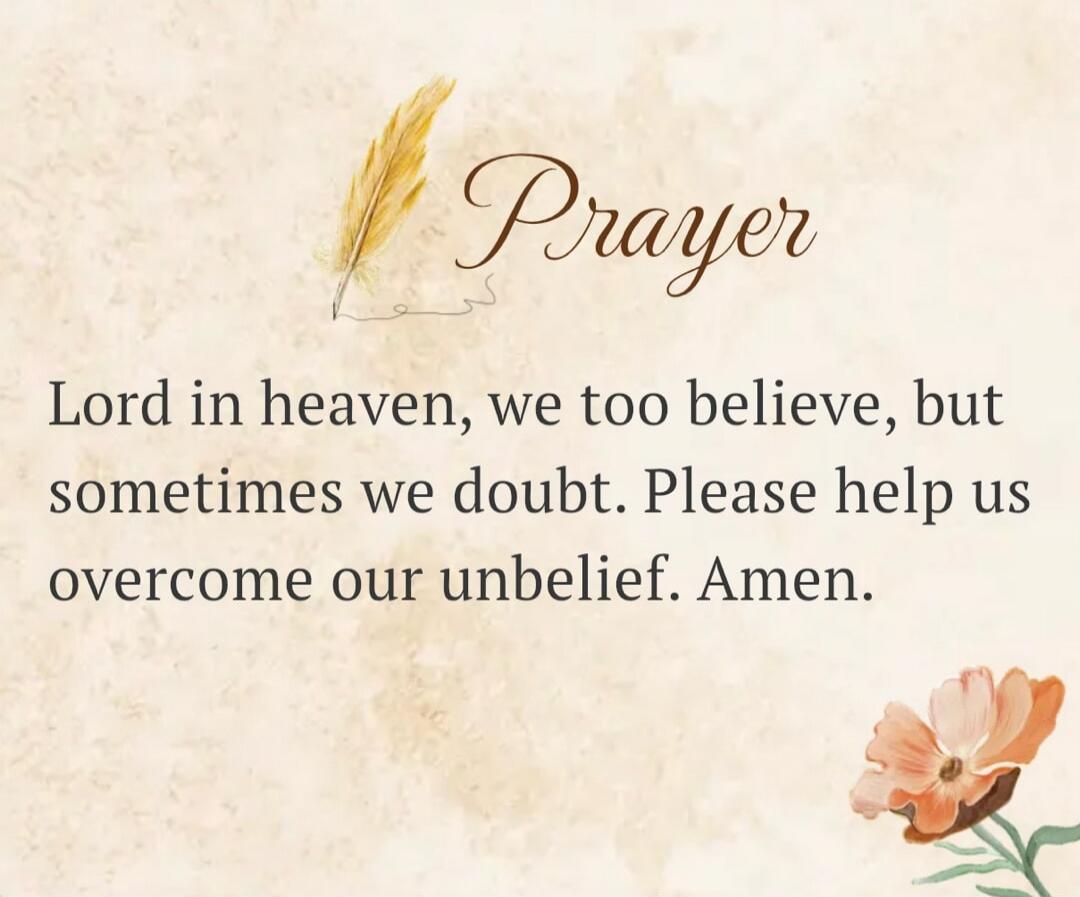 Prayer Lord in heaven, we too believe, but sometimes we doubt. Please help us overcome our unbelief. Amen.