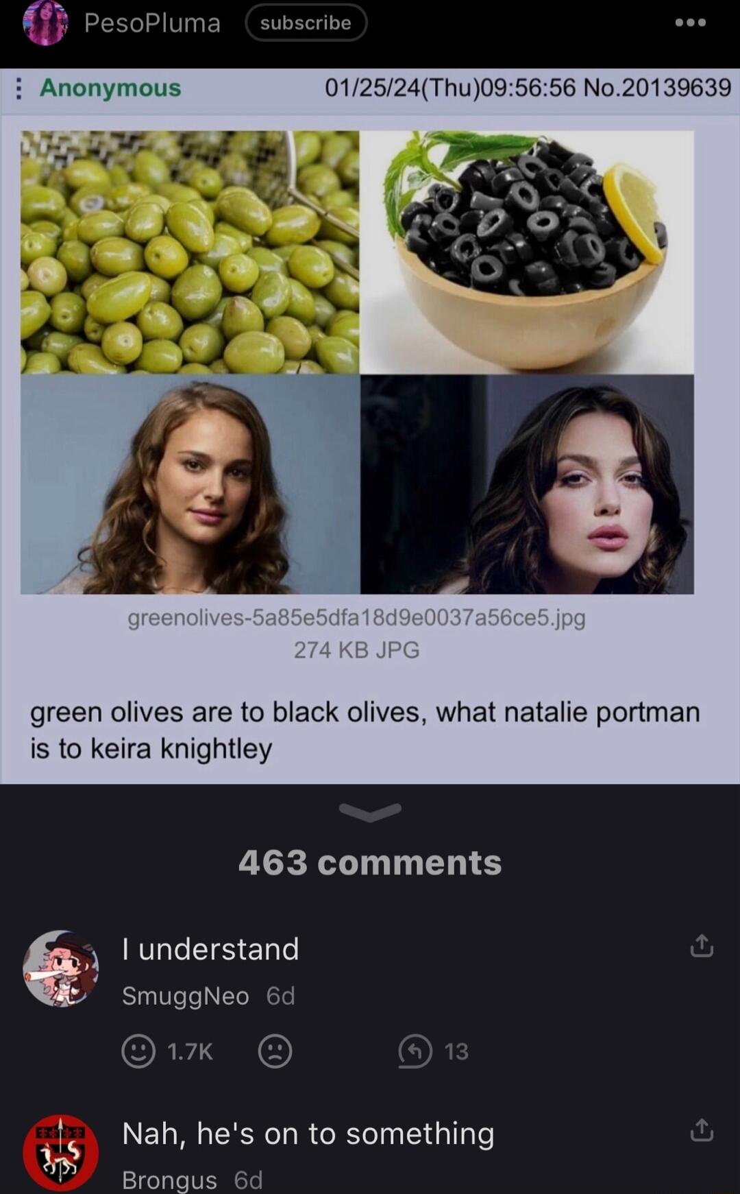 green olives are to black olives what natalie portman is to keira knightley 463 comments l I understand smuggNeo 6 il NEL RN BRI G T e Y Brongus 6d