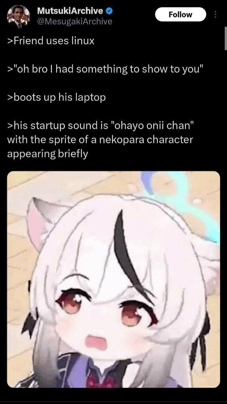 428 MutsukiArchive vt rorov Friend uses linux oh bro had something to show to you boots up his laptop his startup sound is ohayo onii chan with the sprite of a nekopara character appearing briefly