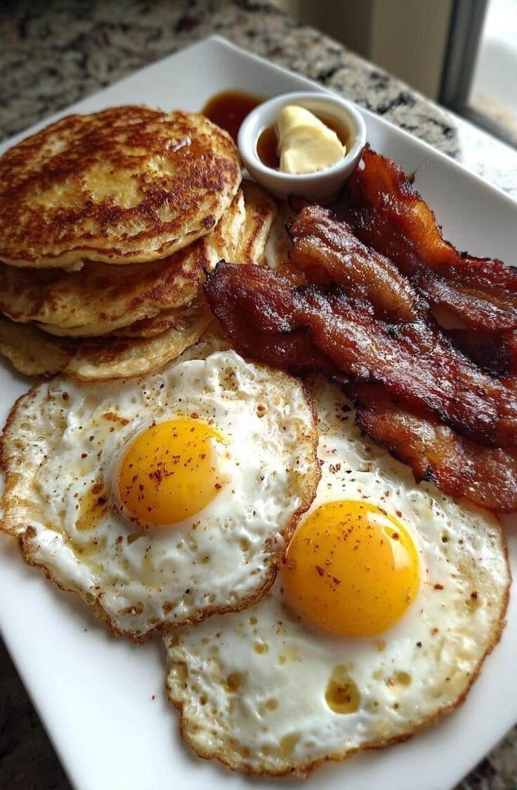 Sunny-side up eggs, bacon, pancakes with butter in a small cup, and syrup on the side. Plate includes two sunny-side eggs, several strips of bacon, and a stack of pancakes.