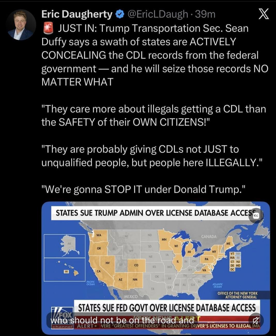 JUST IN: Trump Transportation Sec. Sean Duffy says a swath of states are ACTIVELY CONCEALING the CDL records from the federal government — and he will seize those records NO MATTER WHAT. 