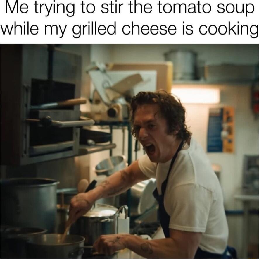 IVle trying to stir the tomato soup while my grilled cheese is cooking
