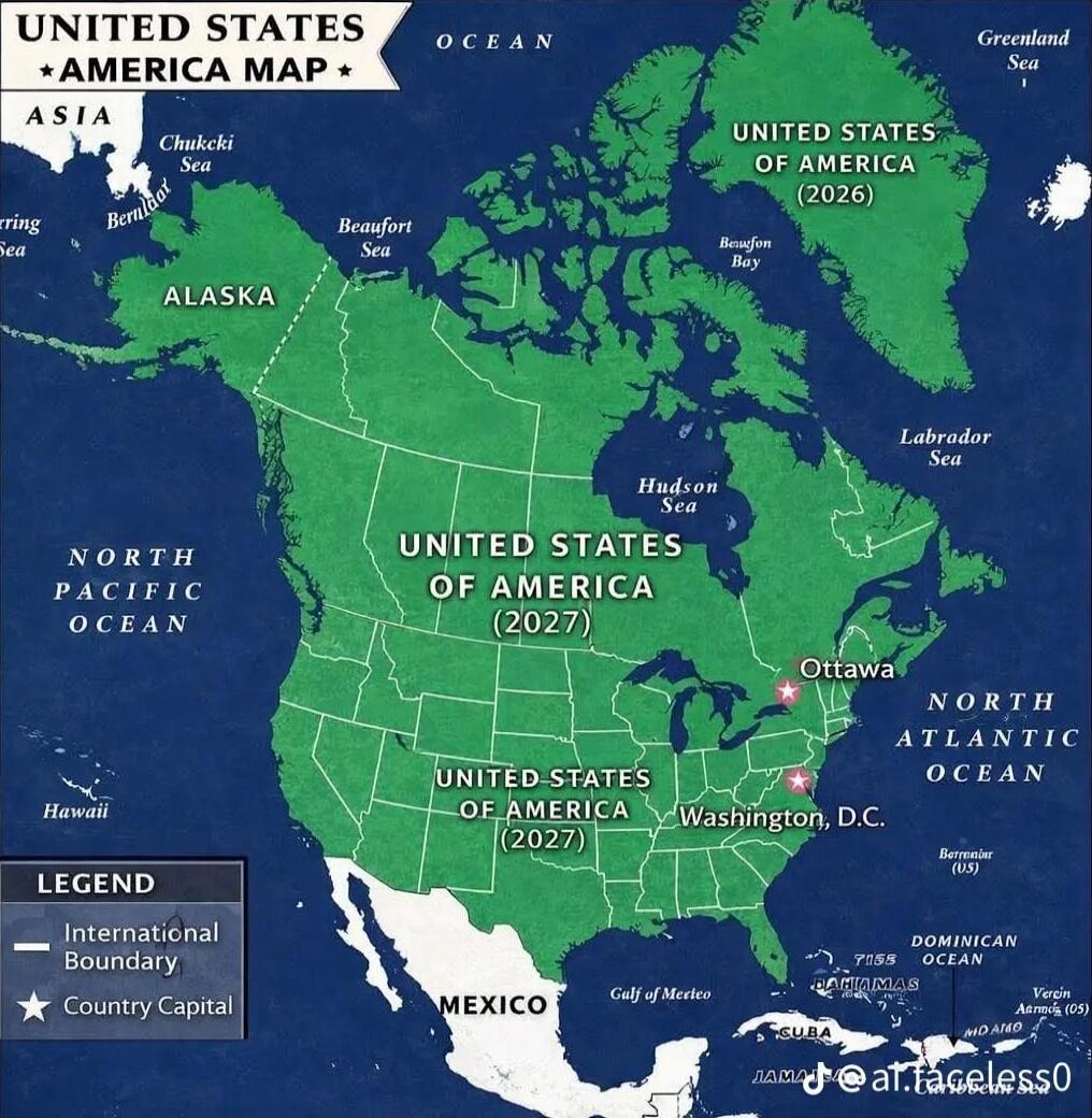 UNITED STATES • AMERICA MAP
OCEAN
ASIA
ALASKA
UNITED STATES OF AMERICA (2027)
MEXICO
UNITED STATES OF AMERICA (2026)
WASHINGTON, D.C.
Ottawa
North Atlantic Ocean
Hudson Bay
Legend
International Boundary
Country Capital