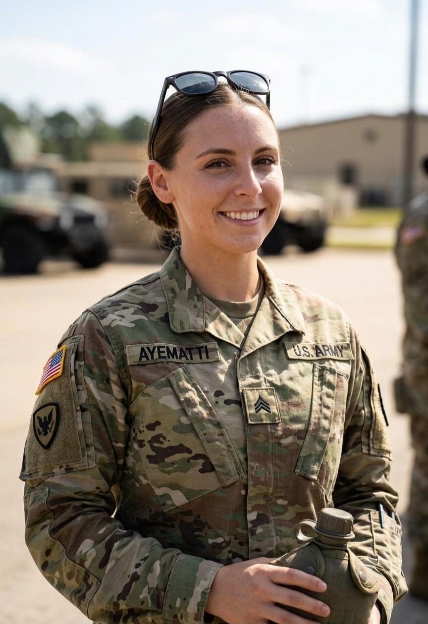 A woman in a US Army uniform, smiling, with sunglasses on her head, holding a canteen. Her uniform shows the name 'AYEMATTI' and 'U.S. ARMY' with Staff Sergeant rank insignia.