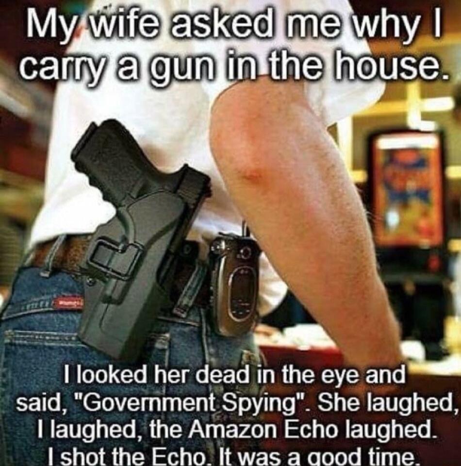 Mywhyl I Iooked her dead LRGEEETE and said Government Spying She laughed Iaughed the Amazon Echo laughed 1 shot the Fcho It was a aood time