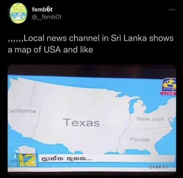 fembt Local news channel in Sri Lanka shows a map of USA and like