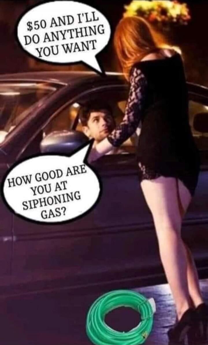 $50 AND I'LL DO ANYTHING YOU WANT. HOW GOOD ARE YOU AT SIPHONING GAS?