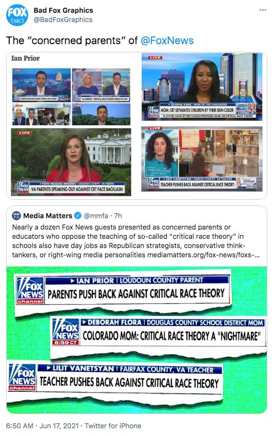 71 Bad Fox Graphics BadFoxGraphics The concerned parents of FoxNews Media Matters mmfa 7h Nearly a dozen Fox News guests presented as concerned parents or educators who oppose the teaching of so called critical race theory in schools also have day jobs as Republican strategists conservative think tankers or right wing media personalities mediamattersorgfox newsfoxs 7 ____ AN PRIOR LOUDOUN COUNTY P