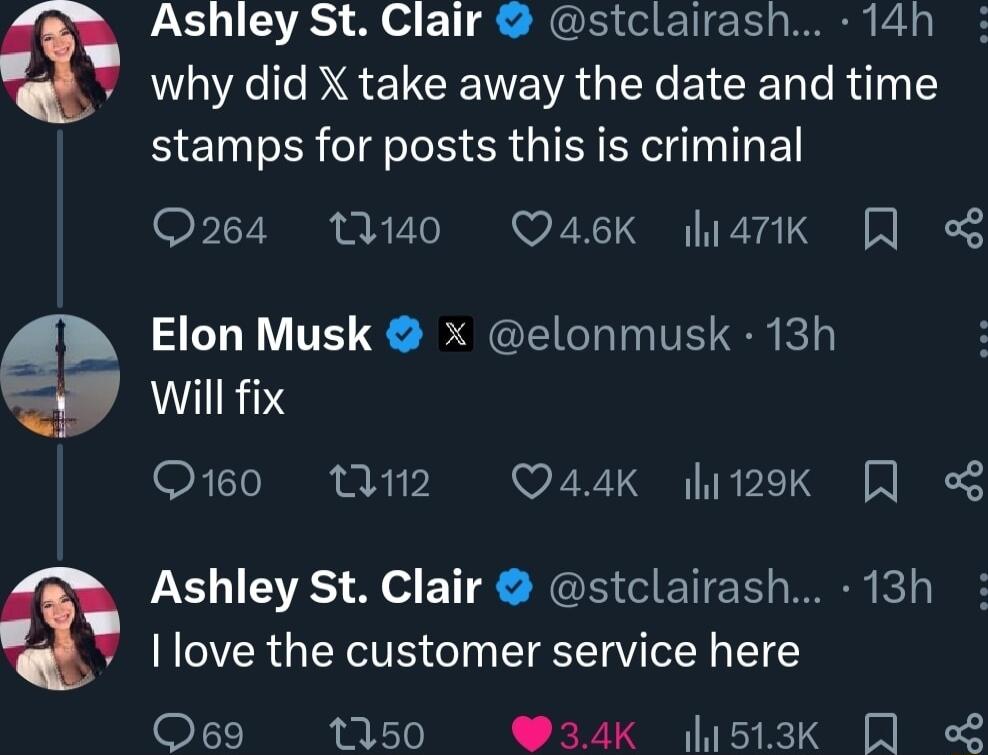 Ashley St Clair stclairash 14h WA DS ELCENENAGEYEICE TR stamps for posts this is criminal O264 W40 QasK stk R Elon Musk x elonmusk 13h RS Q160 W12 Q44K 129k 8 Ashley St Clair stclairash 13h Ilove the customer service here Q69 1150 34K 513Kk QA