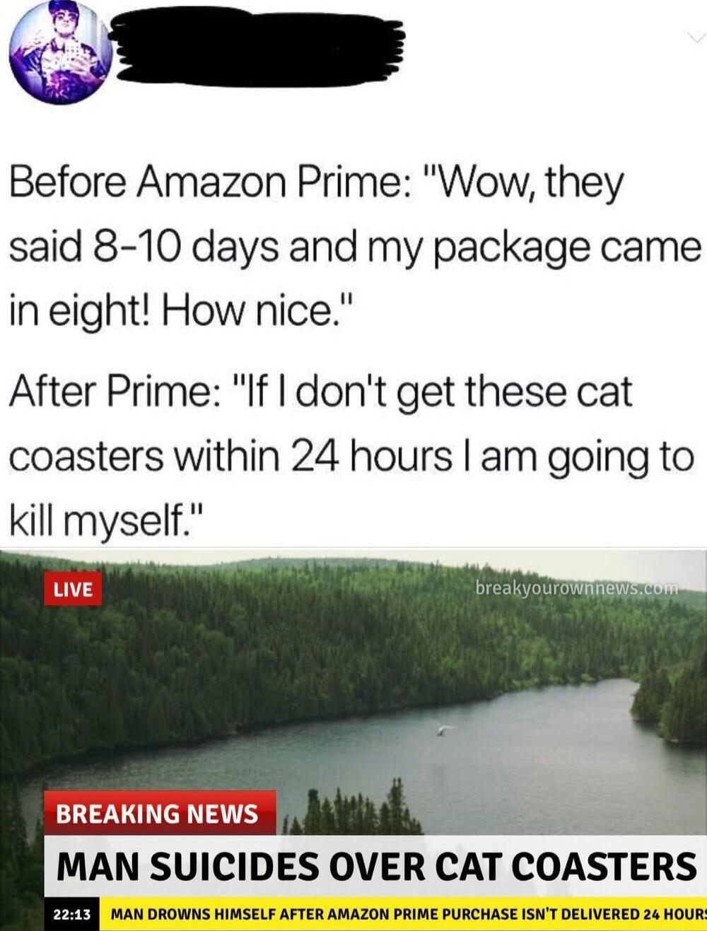 T Before Amazon Prime Wow they said 8 10 days and my package came in eight How nice After Prime If dont get these cat coasters within 24 hours am going to kill myself MAN SUICIDES OVER CAT COASTERS PETY 111 DROWNS HIMSELF AFTER AMAZON PRIME PURCHASE ISNT DELIVERED 24 HOUR