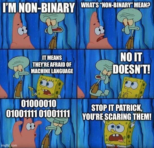 I'M NON-BINARY WHAT'S 'NON-BINARY' MEAN? IT MEANS THEY'RE AFRAID OF MACHINE LANGUAGE NO IT DOESN'T! 01000010 01001111 01001111 STOP IT PATRICK, YOU'RE SCARING THEM!