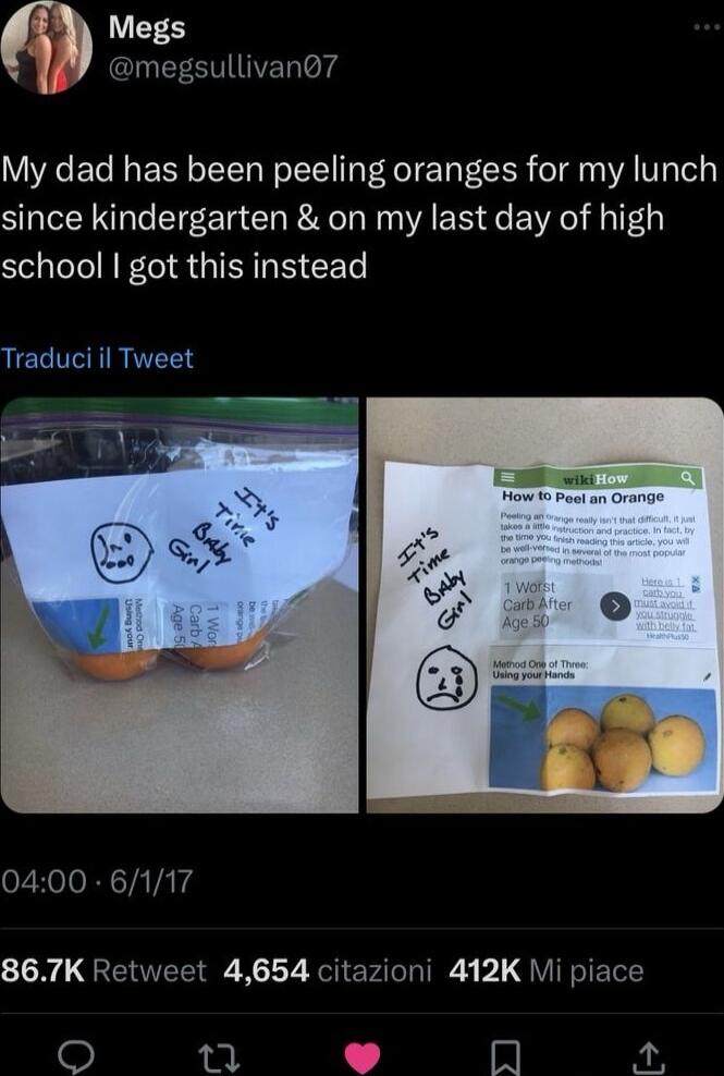 My dad has been peeling oranges for my lunch since kindergarten on my last day of high school got this instead Traduci il Tweet 0400 6117 867K Retweet 4654 citazioni 412K Mi piace b k 2 In