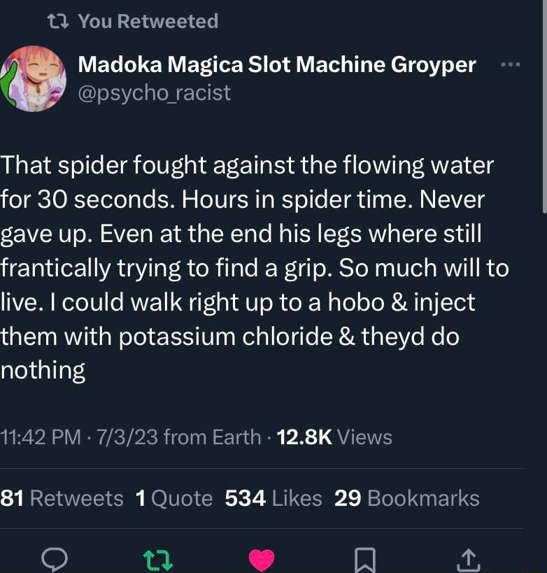 11 You Retweeted O Madoka Magica Slot Machine Groyper psycho_racist That spider fought against the flowing water for 30 seconds Hours in spider time Never gave up Even at the end his legs where still frantically trying to find a grip So much will to live could walk right up to a hobo inject them with potassium chloride theyd do nothing 1142 PM 7323 from Earth 128K Views 81 Retweets 1Quote 534 Like