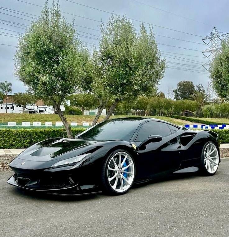 A sleek black sports car parked on a road with trees in the background.
