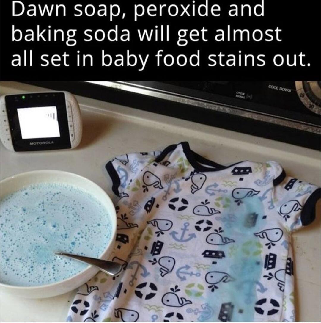 Dawn soap peroxid baking soda will get almost all set in baby food stains out