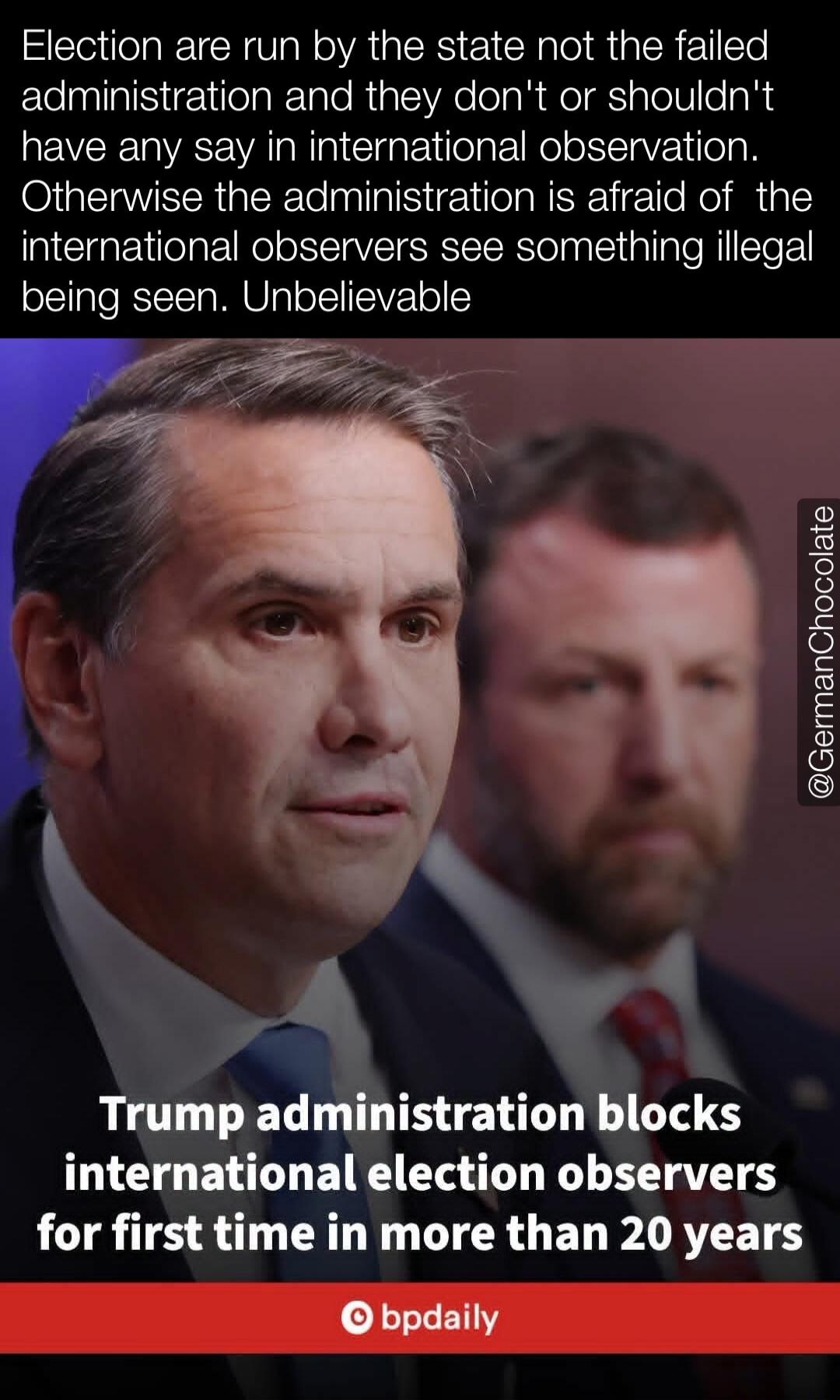 Election are run by the state not the failed administration and they don't or shouldn't have any say in international observation. Otherwise the administration is afraid of the international observers see something illegal being seen. Unbelievable. Trump administration blocks international election observers for first time in more than 20 years.