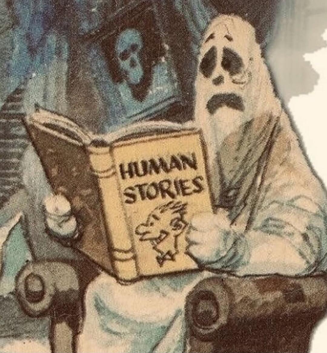 A ghost-like figure is sitting in an armchair, reading a book titled 'HUMAN STORIES'. The ghost appears scared or sad.