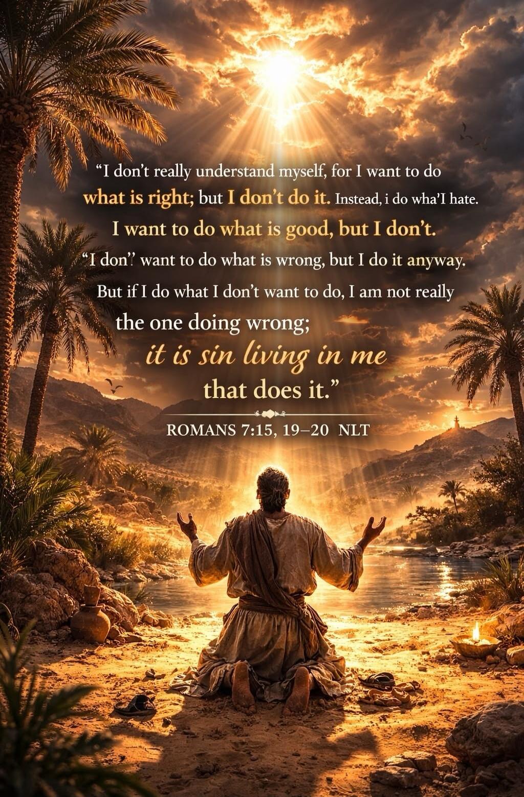 I don't really understand myself, for I want to do what is right; but I don't do it. Instead, I do what I hate. I want to do what is good, but I don't. I don't want to do what is wrong, but I do it anyway. But if I do what I don't want to do, I am not really the one doing wrong; it is sin living in me that does it. ROMANS 7:15, 19-20 NLT