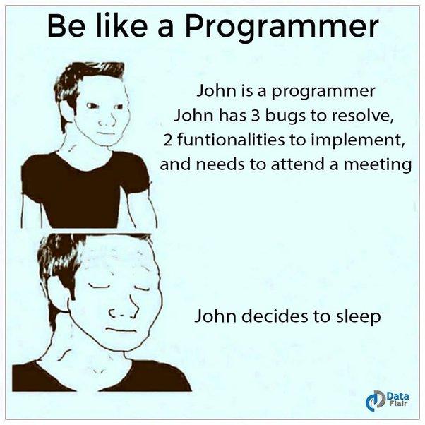 Be like a Programmer John is a programmer N John has 3 bugs to resolve 2 funtionalities to implement and needs to attend a meeting John decides to sleep o