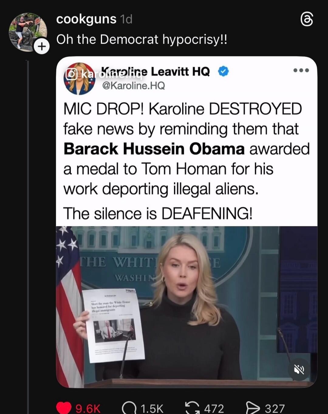 MIC DROP! Karoline DESTROYED fake news by reminding them that Barack Hussein Obama awarded a medal to Tom Homan for his work deporting illegal aliens. The silence is DEAFENING!