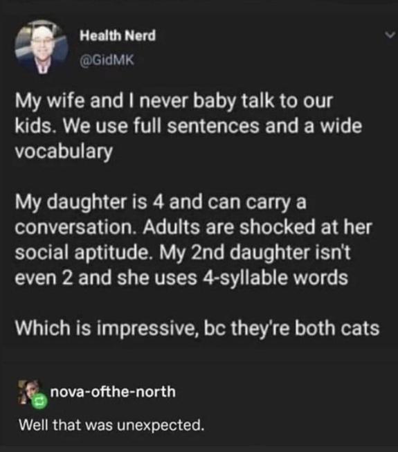 Health Nerd DGIAMK My wife and never baby talk to our kids We use full sentences and a wide vocabulary LYY E 10T G ATy e or Ty o 13 conversation Adults are shocked at her social aptitude My 2nd daughter isnt even 2 and she uses 4 syllable words Which is impressive bc theyre both cats s nova ofthe north Well that was unexpected