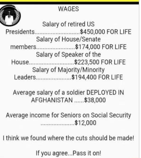 WAGES
Salary of retired US Presidents..........................$450,000 FOR LIFE
Salary of House/Senate members........................$174,000 FOR LIFE
Salary of Speaker of the House................................$223,500 FOR LIFE
Salary of Majority/Minority Leaders.........................$194,400 FOR LIFE
Average salary of a soldier DEPLOYED IN