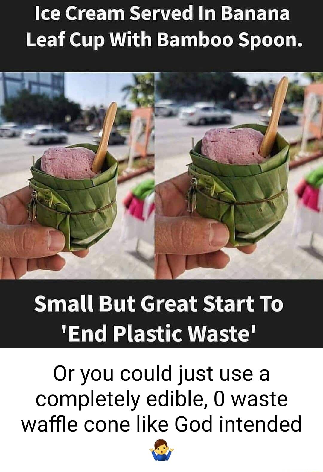 Ice Cream Served In Banana Leaf Cup With Bamboo Spoon P Small But Great Start To End Plastic Waste Or you could just use a completely edible 0 waste waffle cone like God intended g Y