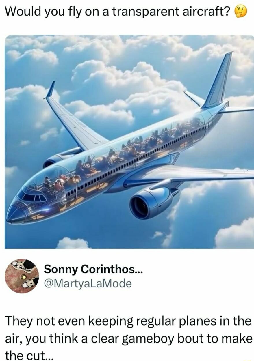 Would you fly on a transparent aircraft Sonny Corinthos MartyaLaMode They not even keeping regular planes in the air you think a clear gameboy bout to make the cut