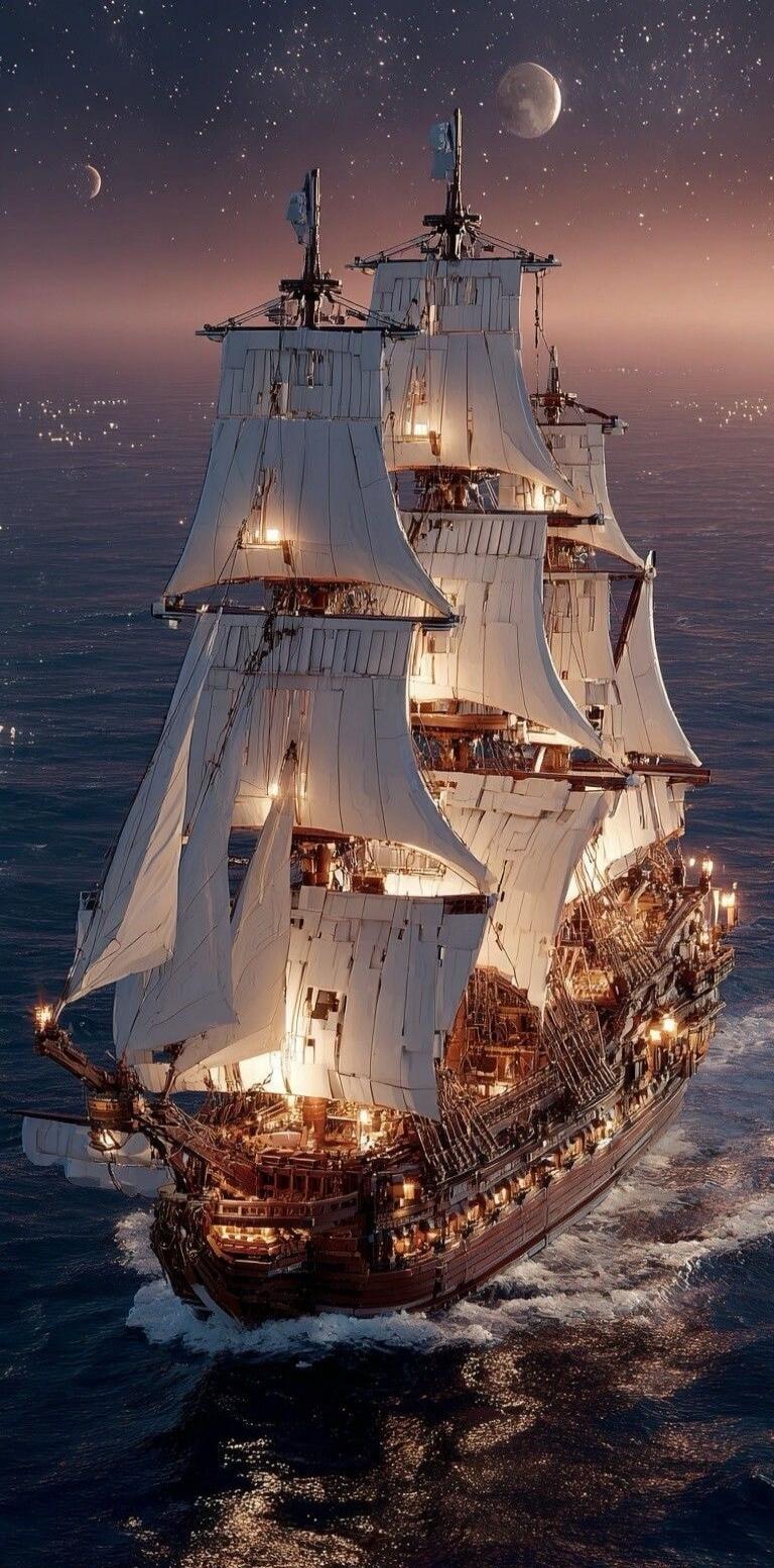 A majestic tall ship sails on the ocean at dusk, with its sails illuminated and the stars and moon visible in the sky.