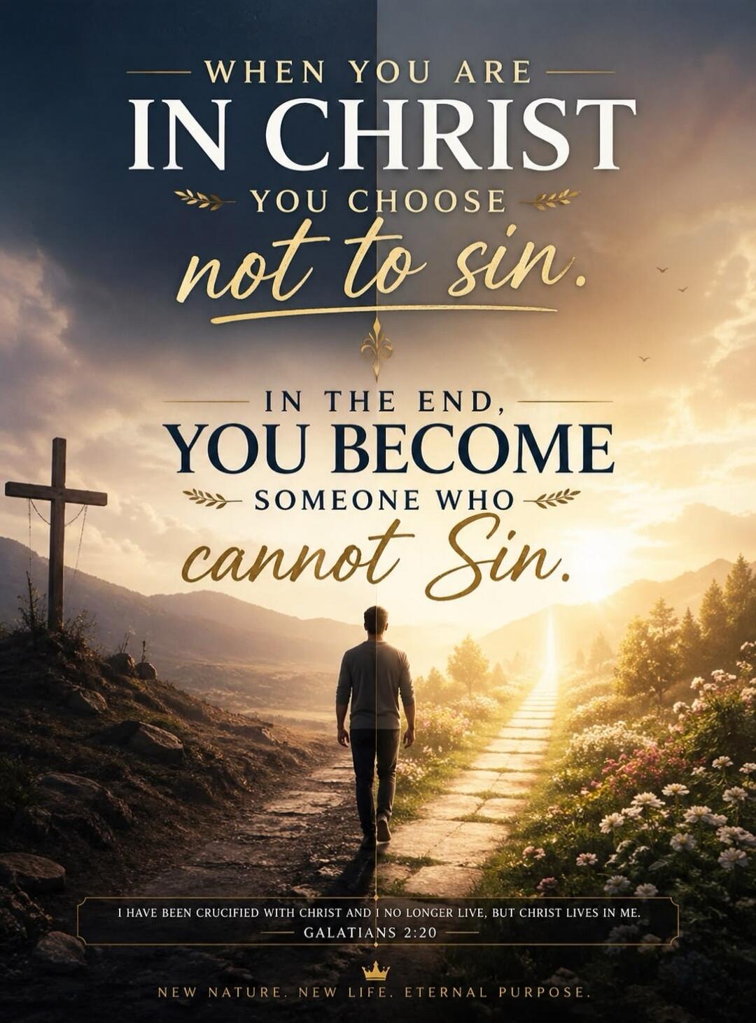WHEN YOU ARE IN CHRIST YOU CHOOSE not to sin. IN THE END, YOU BECOME SOMEONE WHO cannot Sin. I HAVE BEEN CRUCIFIED WITH CHRIST AND I NO LONGER LIVE, BUT CHRIST LIVES IN ME. GALATIANS 2:20. NEW NATURE. NEW LIFE. ETERNAL PURPOSE.