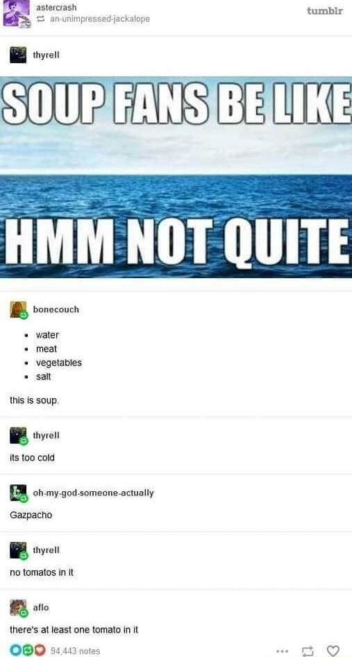 a astercrash tumblr Gazpacho oo theres at least one tomato In It SR i o O