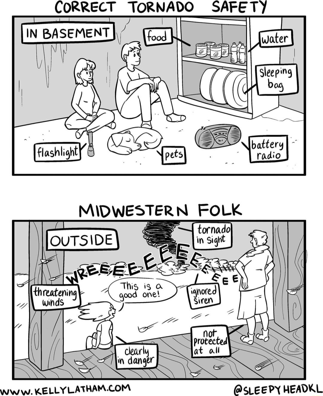 CORRECT TORNADO SAFETY MIDWESTERN FOLK I ouTsDE kl Www KELLYLATHAMCOM PSLEEPY HEADKL