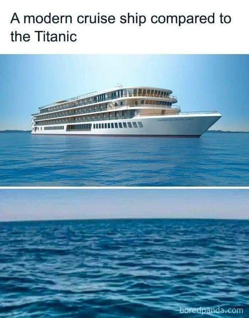 A modern cruise ship compared to the Titanic