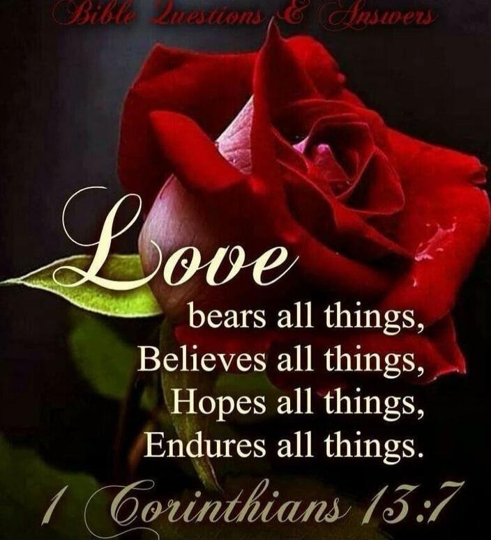 Love bears all things, Believes all things, Hopes all things, Endures all things. 1 Corinthians 13:7