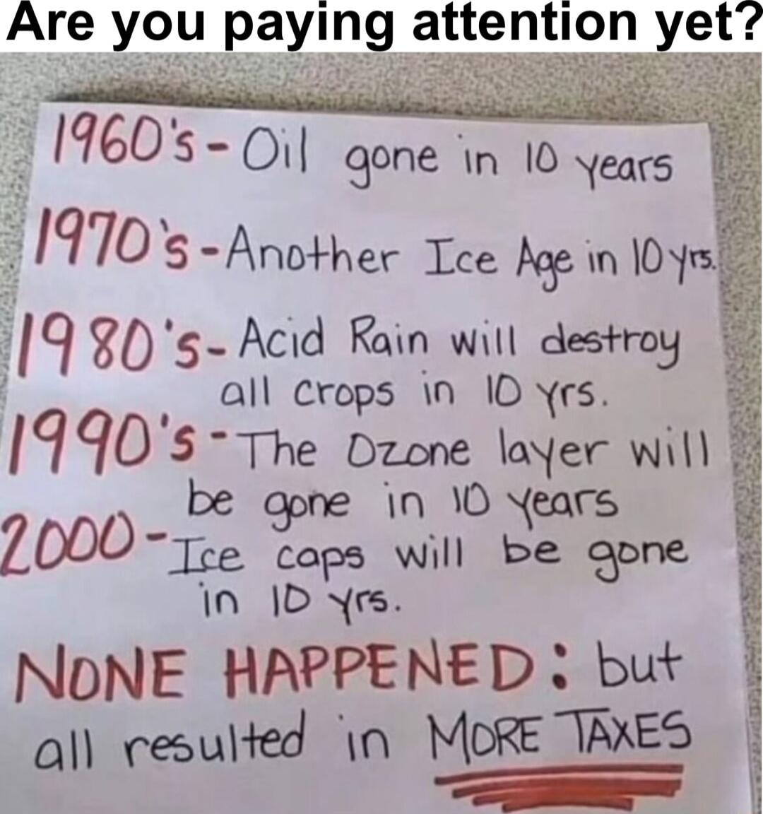 Are you paying attention yet S e Ar 2 19805 Acid Rain will destroy all crops n 10 rs 9905 The Dzone layer wil be in 10 ears 720001z n will be opne n 1D Yrs NONE HAPPENED but all resulted 1n MDRE TTAXES